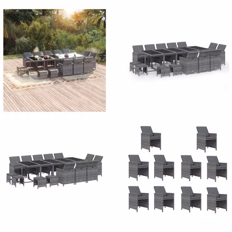 vidaXL Set da pranzo da giardino 15 pezzi con cuscini in poly rattan grigio - Set da pranzo da giardino - Set da pranzo da giardino - Set da pranzo in poly rattan - Set da pranzo da esterno