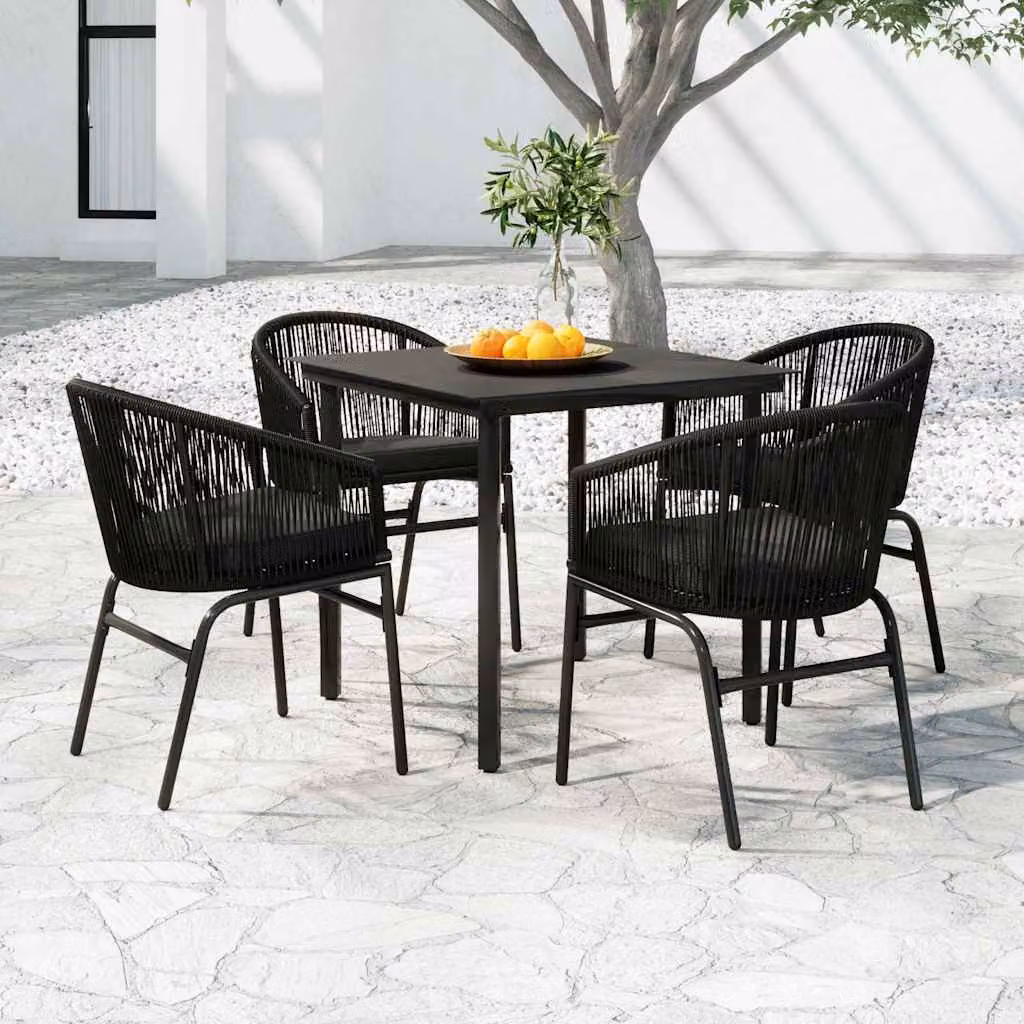Set da pranzo per giardino vidaXL in acciaio nero opaco con tavolo in vetro e 5 sedie
