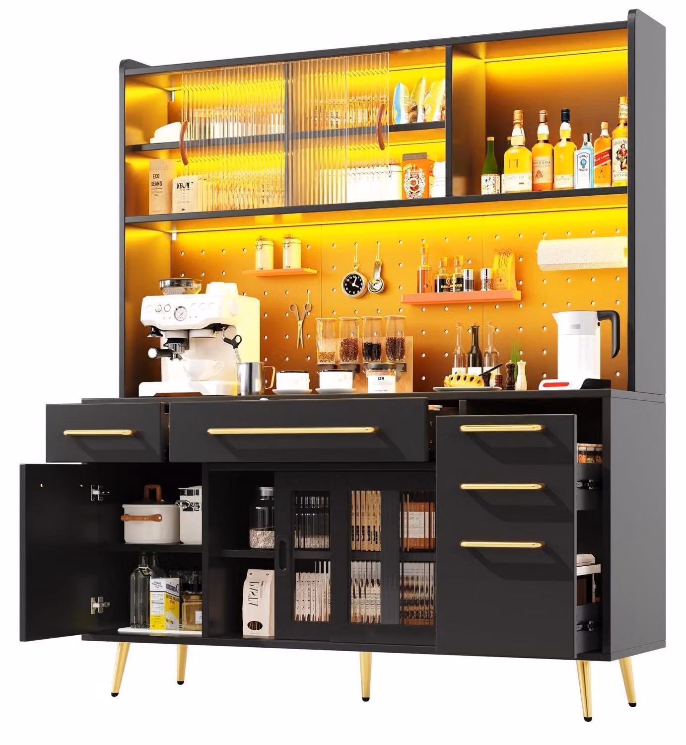 Mobiletto da cucina con illuminazione a LED, credenza con cassetti, 145x39x171 cm, nero