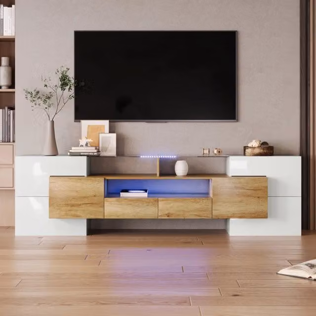 Mobile TV con LED ¨C MINIMAL ¨C Bianco Lucido, Vetro, 200 cm, Soggiorno