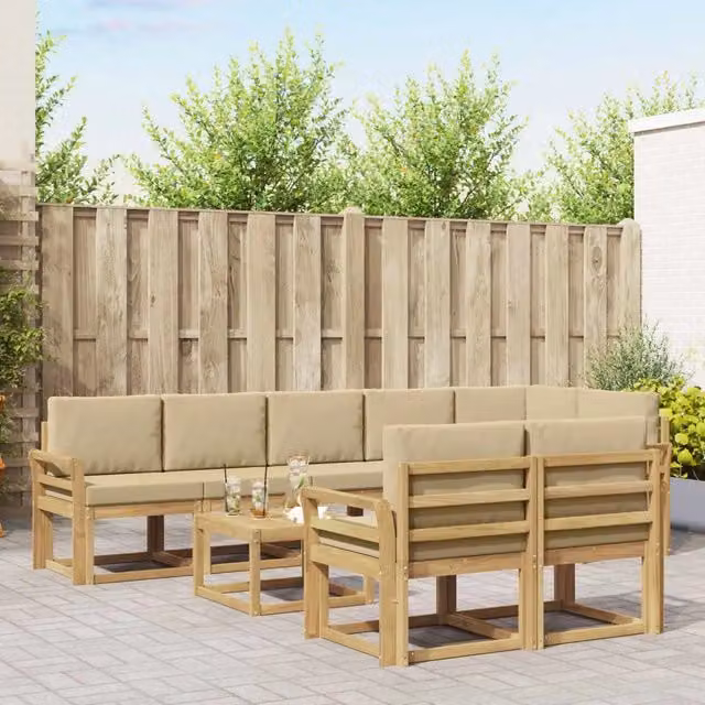 Set di divani da esterno a L con tavolino vidaXL, 9 pezzi, Bianco e Beige, in legno di acacia e tessuto resistente alle intemperie