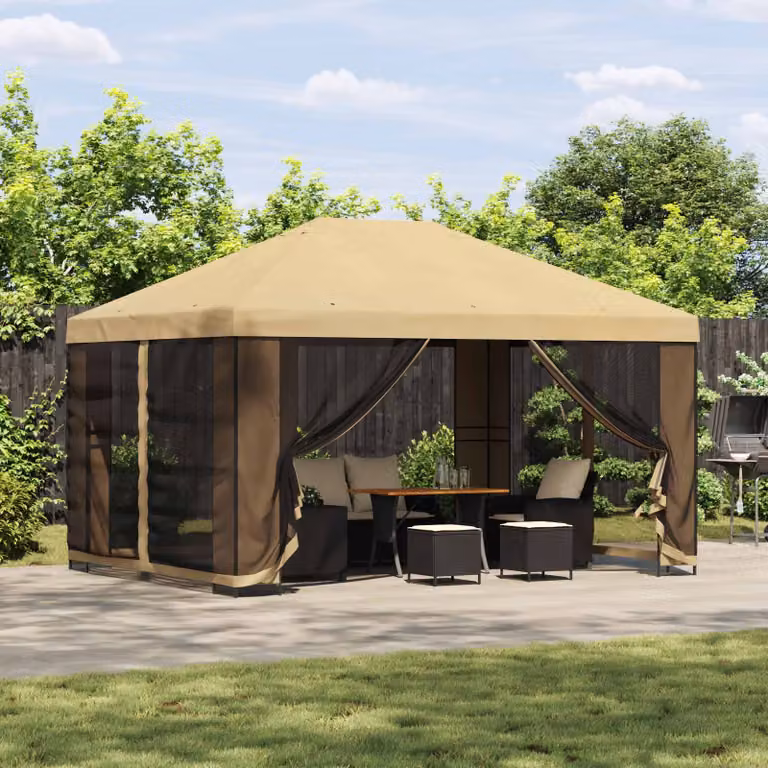 Gazebo da giardino vidaXL con pareti laterali in poliestere e struttura in acciaio zincato, colore beige, L 400 x P 300 cm, H 276,5 cm