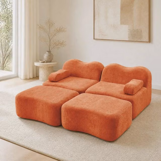 Divano modulare senza struttura in velluto arancione con pouf collegabile