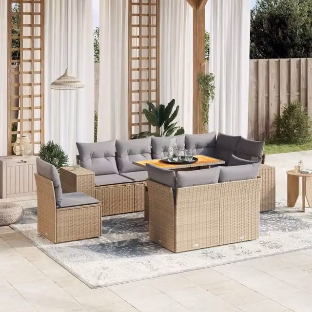 Set Divano da Giardino 9 pz con Cuscini Beige in Polyrattan 3272732