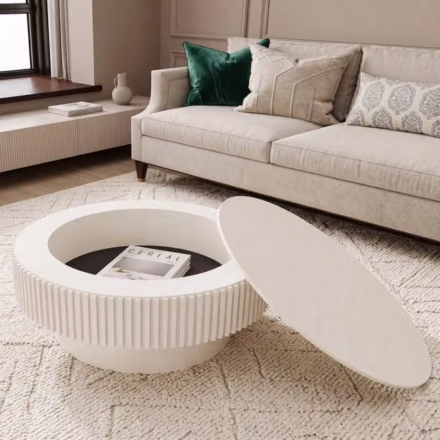 Tavolino da caff¨¨ rotondo ¨C Minimal ¨C bianco crema, effetto legno massello, con spazio di archiviazione, 75cm, per salotto