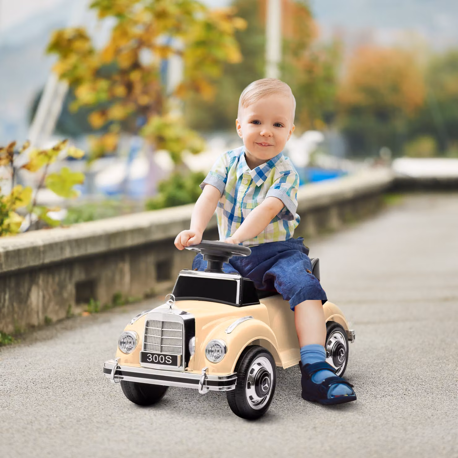Macchina Elettrica Mercedes-Benz per Bambini HOMCOM con Musica e Luci, Beige – 2