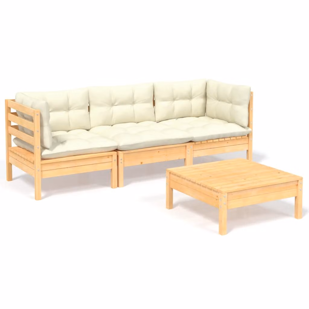 Set Salotto da Giardino 4 pz con Cuscini Crema in Legno di Pino