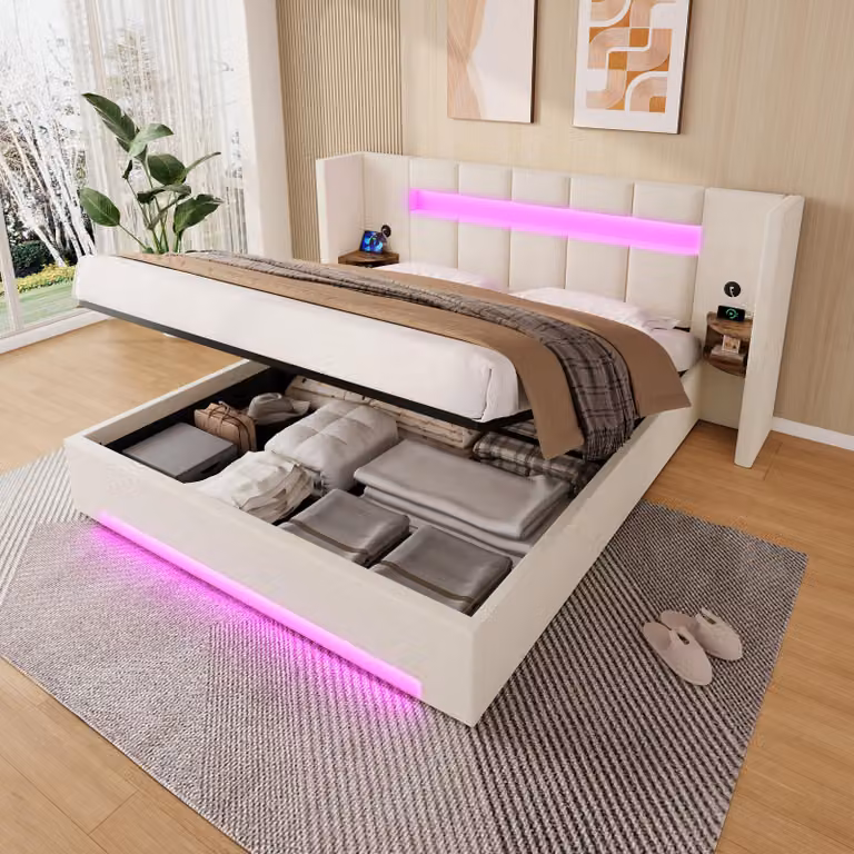 LVHOM Letto imbottito 160x200 con comodini, struttura letto con USB e LED, vano portaoggetti e sistema idraulico, letto matrimoniale in velluto, letto funzionale, beige