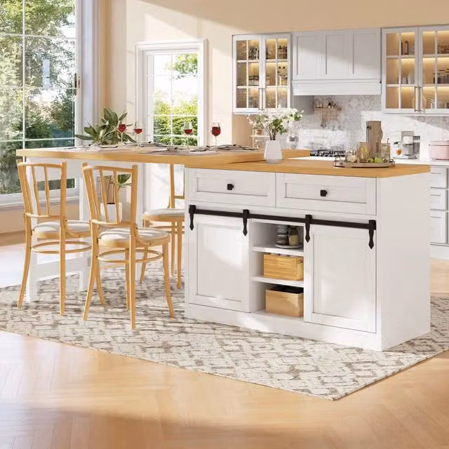 Isola da cucina girevole ¨C Minimal ¨C Bianco, effetto legno, 120-197cm, 2 cassetti