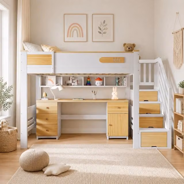 Letto a soppalco 90x200 cm con scrivania; cassetti e scala contenitore; bianco/naturale