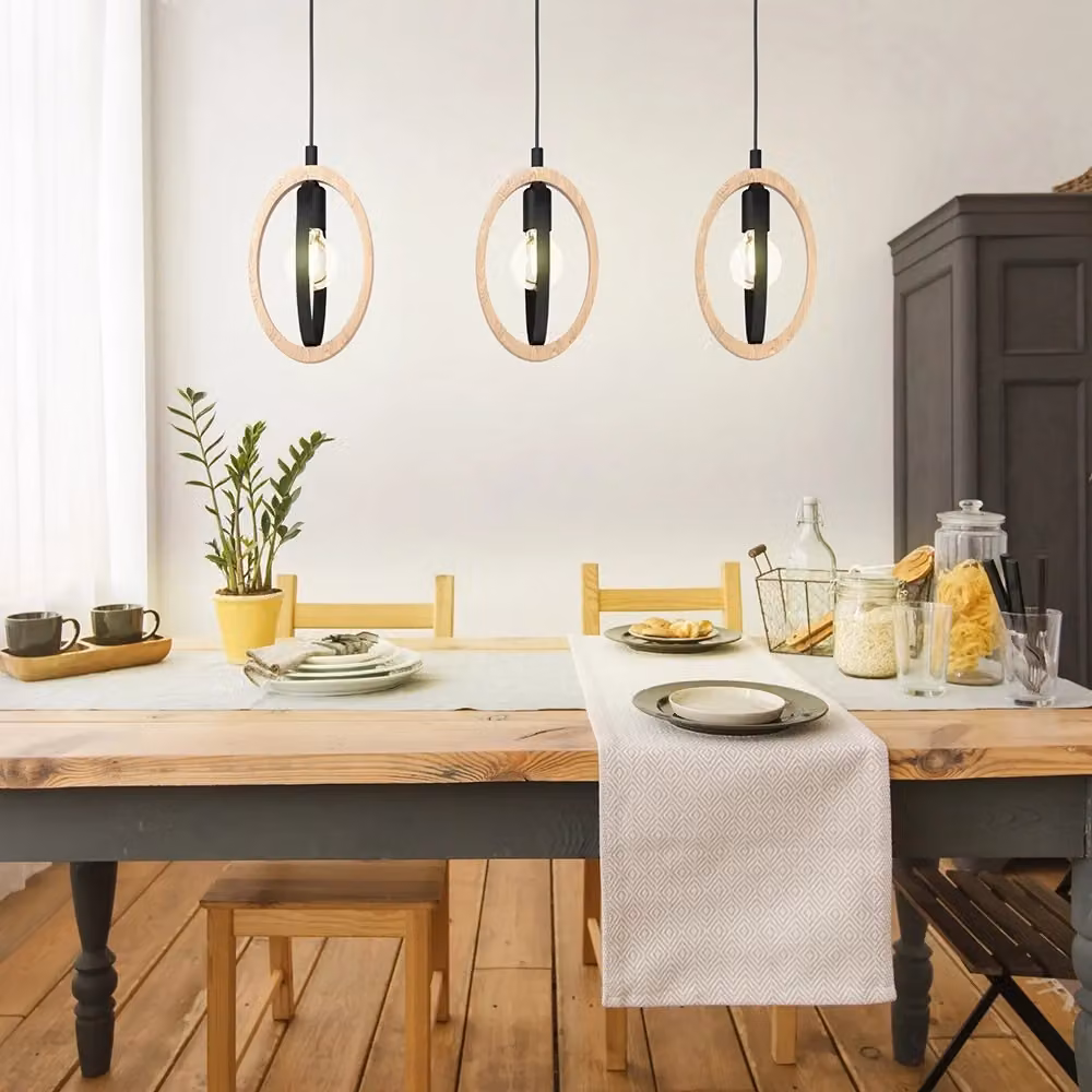 Lampadario Industrial Basildon Eglo a 3 Luci in Metallo Nero e Legno Marrone – 2