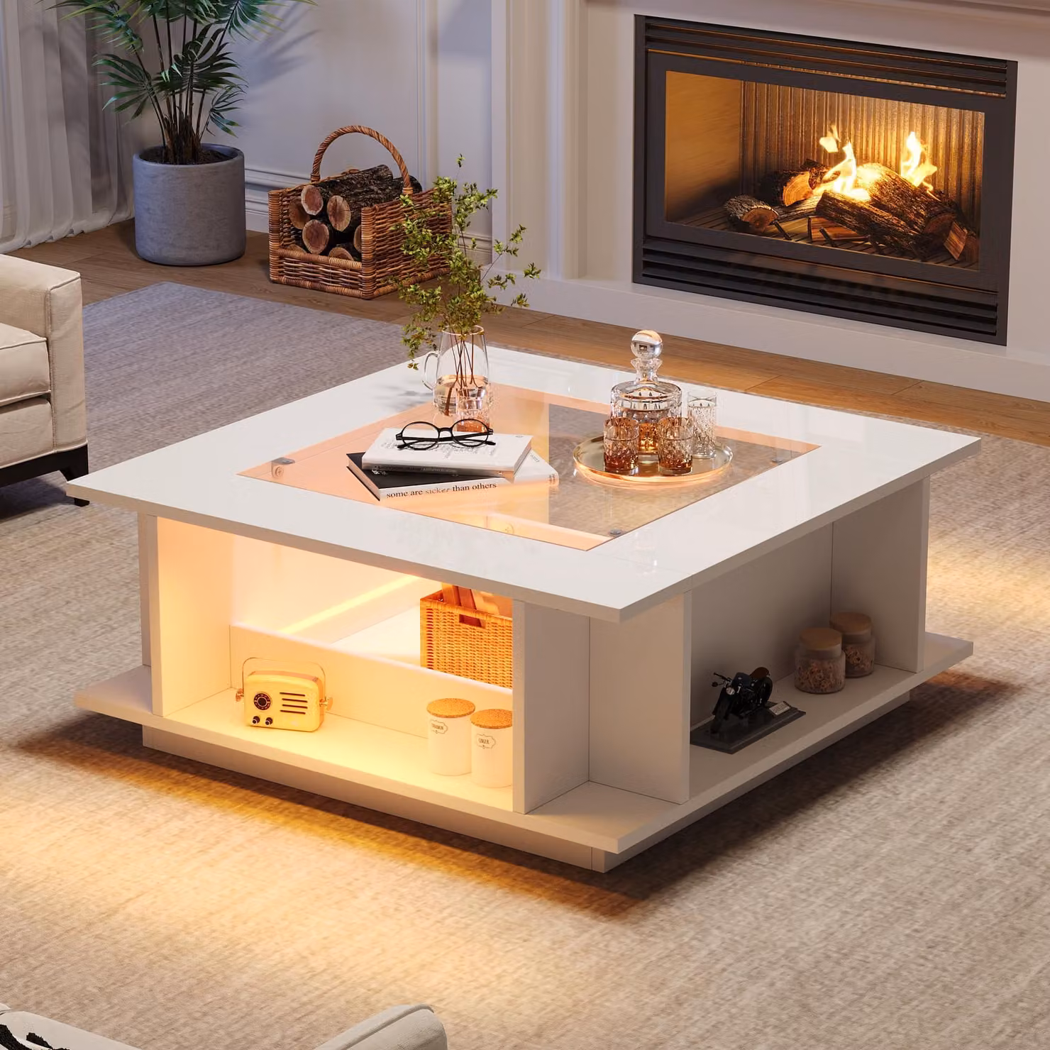 Tavolino Merax lucido con piano in vetro e illuminazione a LED, tavolino quadrato con ripiani aperti, tavolino con vano portaoggetti laterale, bianco