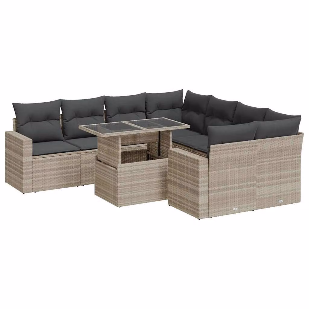 Set Divano da Giardino 9pz con Cuscini Grigio Chiaro Polyrattan