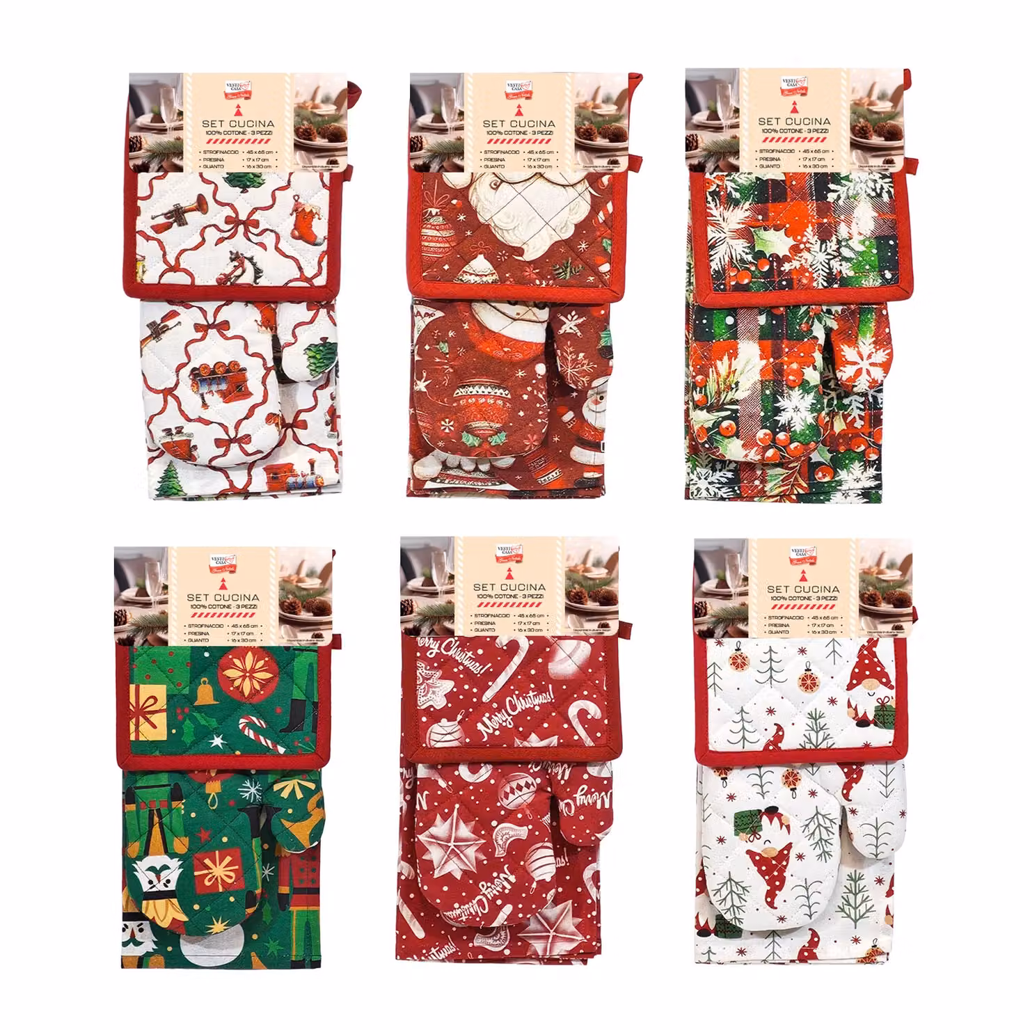 Set Cucina Natalizio Vestiamo Casa in Cotone Rosso 3 Pezzi con Guanto, Presina e Strofinaccio