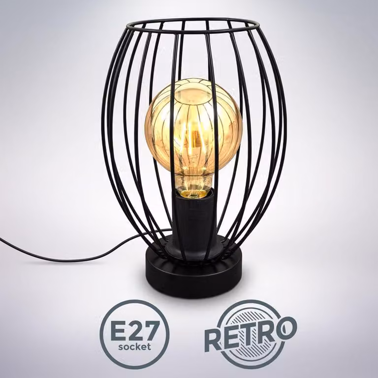 B.K.Licht, Lampada da comodino con paralume in filo metallico, attacco per lampadina E27 non inclusa, lampada da tavolo vintage, altezza 25.6cm, interruttore sul cavo, metallo nero