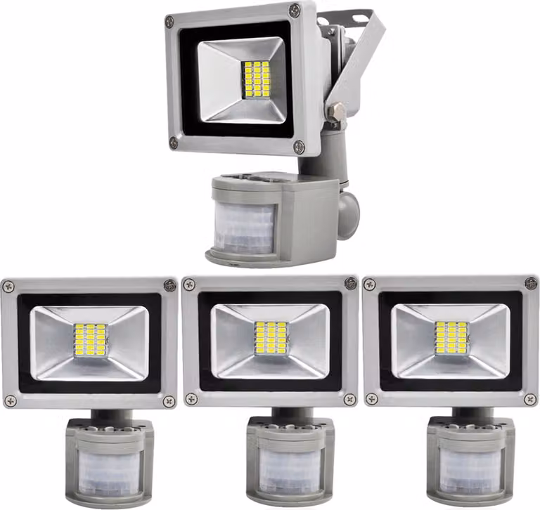 Greenmigo 4x 20W Proiettore SMD con sensore di movimento, luce bianca fredda, corpo in alluminio grigio argento, IP65, lampada LED impermeabile, applique, illuminazione diffusa, illuminazione da esterno, lampada da giardino a LED, faretto da esterno