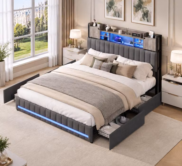 Letto imbottito INONEFT, 140 x 190 cm, letto matrimoniale con 4 cassetti e rete a doghe, letto per adulti con USB e LED, letto per ragazzi, tessuto in lino, colore grigio, senza materasso