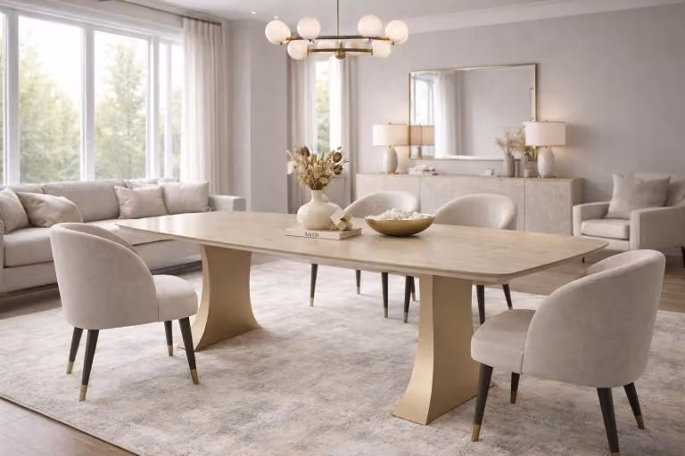 Tavolo da pranzo moderno, minimalista, beige, elegante, di classe, confortevole