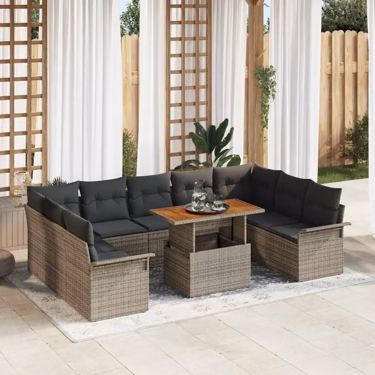 Set Divano da Giardino vidaXL 10 pz in Polyrattan e Legno di Acacia Grigio