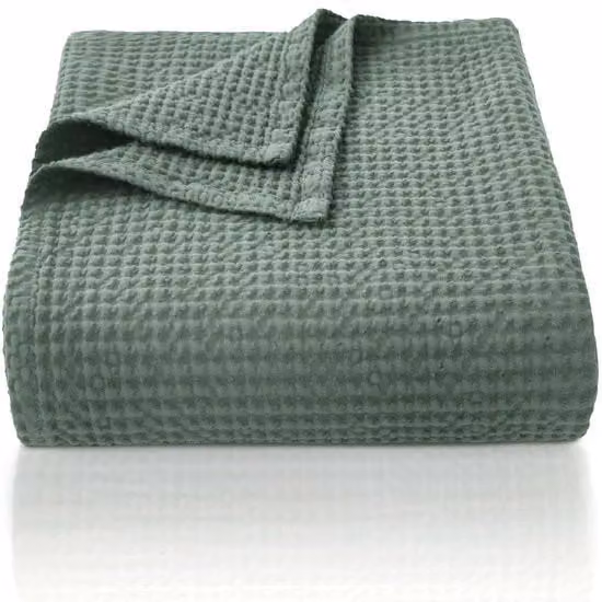 Deken in cotone 100% 220 x 240 cm, morbido e respirante coperta da letto, tessuto a waffle leggero come coperta per divano, coperta morbida e accogliente per salotto, divano, verde