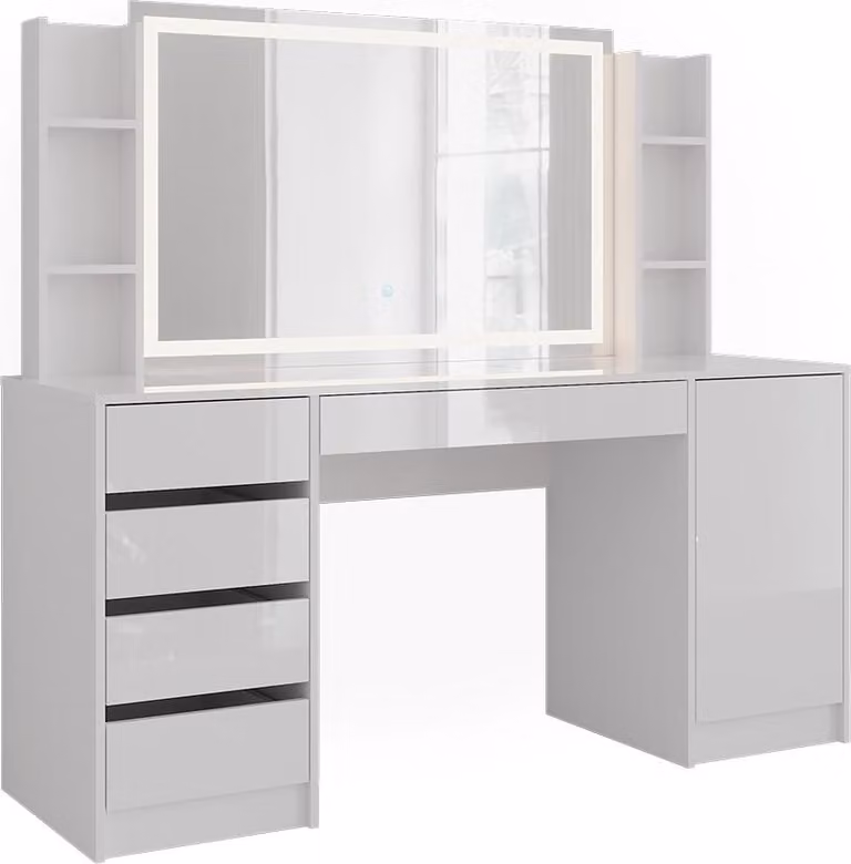 Tavolo da toeletta Vicco Sherry Bianco/Bianco lucido 158.2 cm con specchio a LED, Model 57668