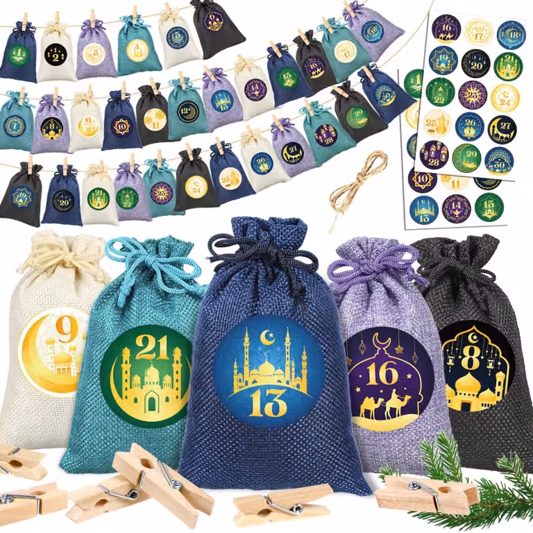 Set di calendari dell'Avvento per il Ramadan – 30 sacchetti in tessuto con coulisse, ideali per progetti fai-da-te