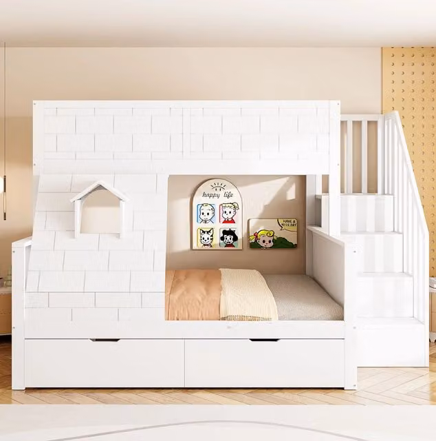 Letto a castello ULEVR 90x200/140x200 cm con scala contenitore, 2 cassetti e finestra, bianco