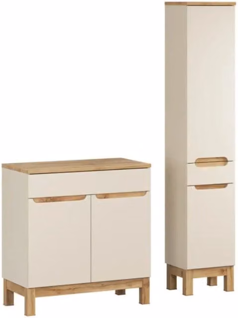 Set da bagno ERMANO cashmere e finitura quercia 115cm: mobile sottolavabo + piano per lavabo + colonna