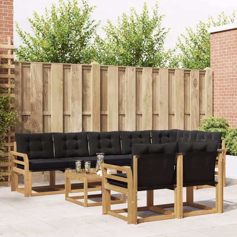 vidaXL Set di divani da esterno a L composto da 9 pezzi in legno di acacia e textilene, Bianco, Nero e Marrone, con cuscini e tavolino da caffè