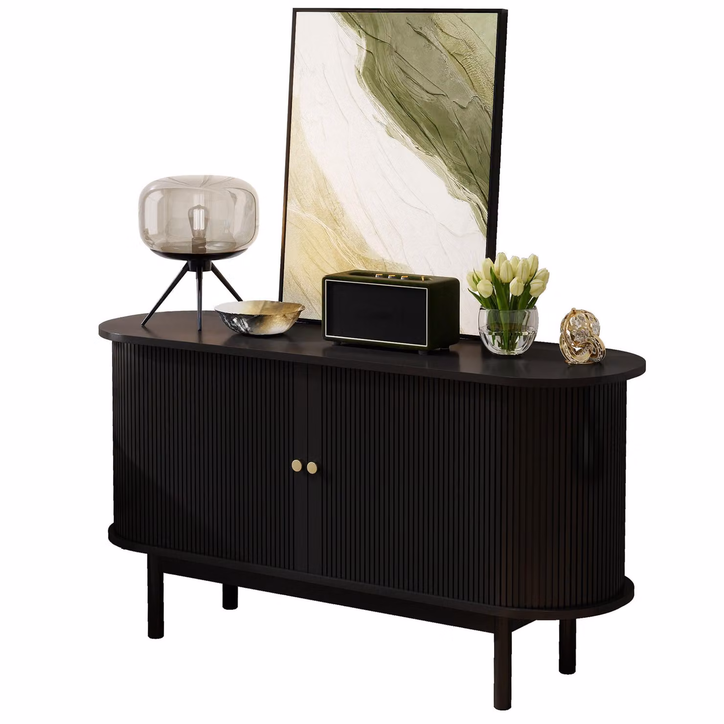 AIORBER Credenza retrò in legno, cassettiera a doghe con ante scorrevoli e gambe in legno di pino, mobile da 138 cm con ripiani regolabili, nero
