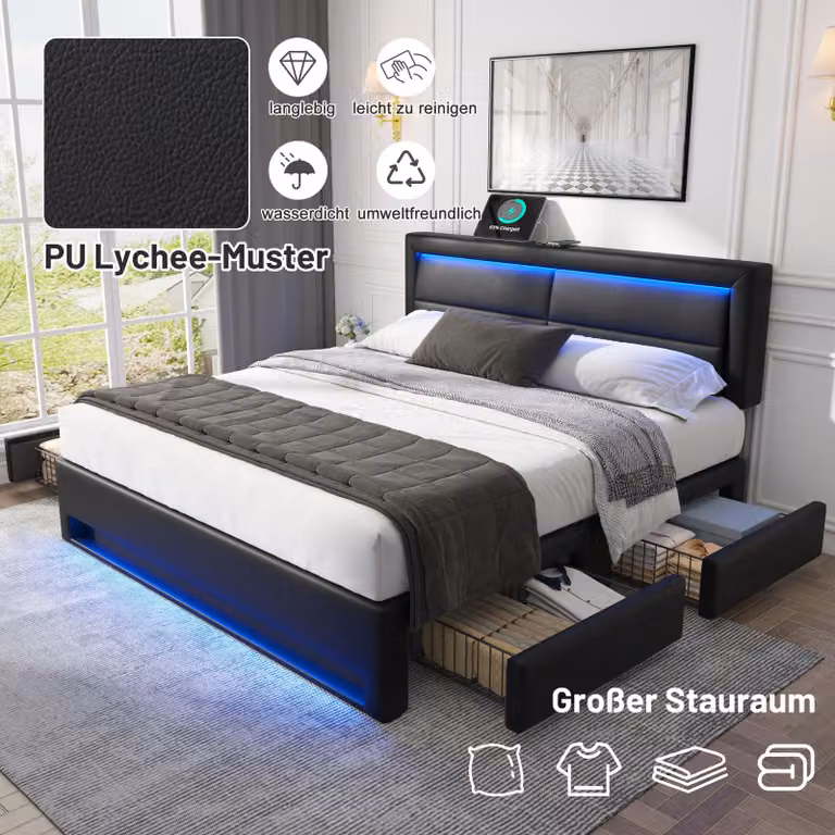 OKWISH Letto matrimoniale 140x200 cm con contenitore - Letto imbottito inPoliuretanocon porte USB e caricatore wireless, illuminazione LED con telecomando - Nero