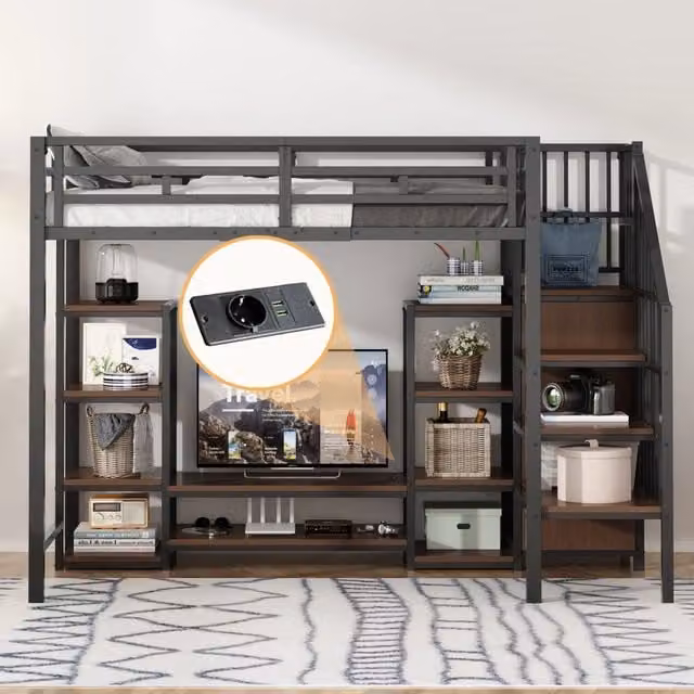 Letto a soppalco singolo OKWISH nero con supporto TV, porta USB e scala, L/P: 90 x 200 cm, H: 251 cm