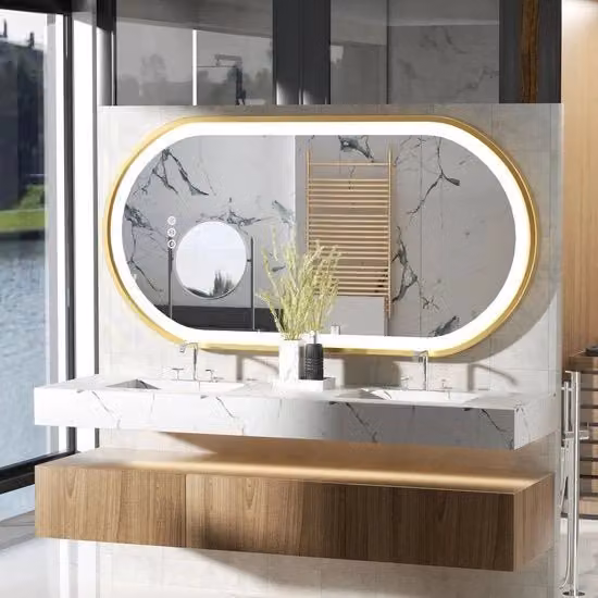 Specchio per la stanza da bagno - Specchio per la stanza da bagno con illuminazione - Cornice dorata - Illuminazione a LED senza gradazioni - Funzione anti-ghiaccio e memoria - Montaggio a parete - 50x80cm/20x32inch - Colore dorato