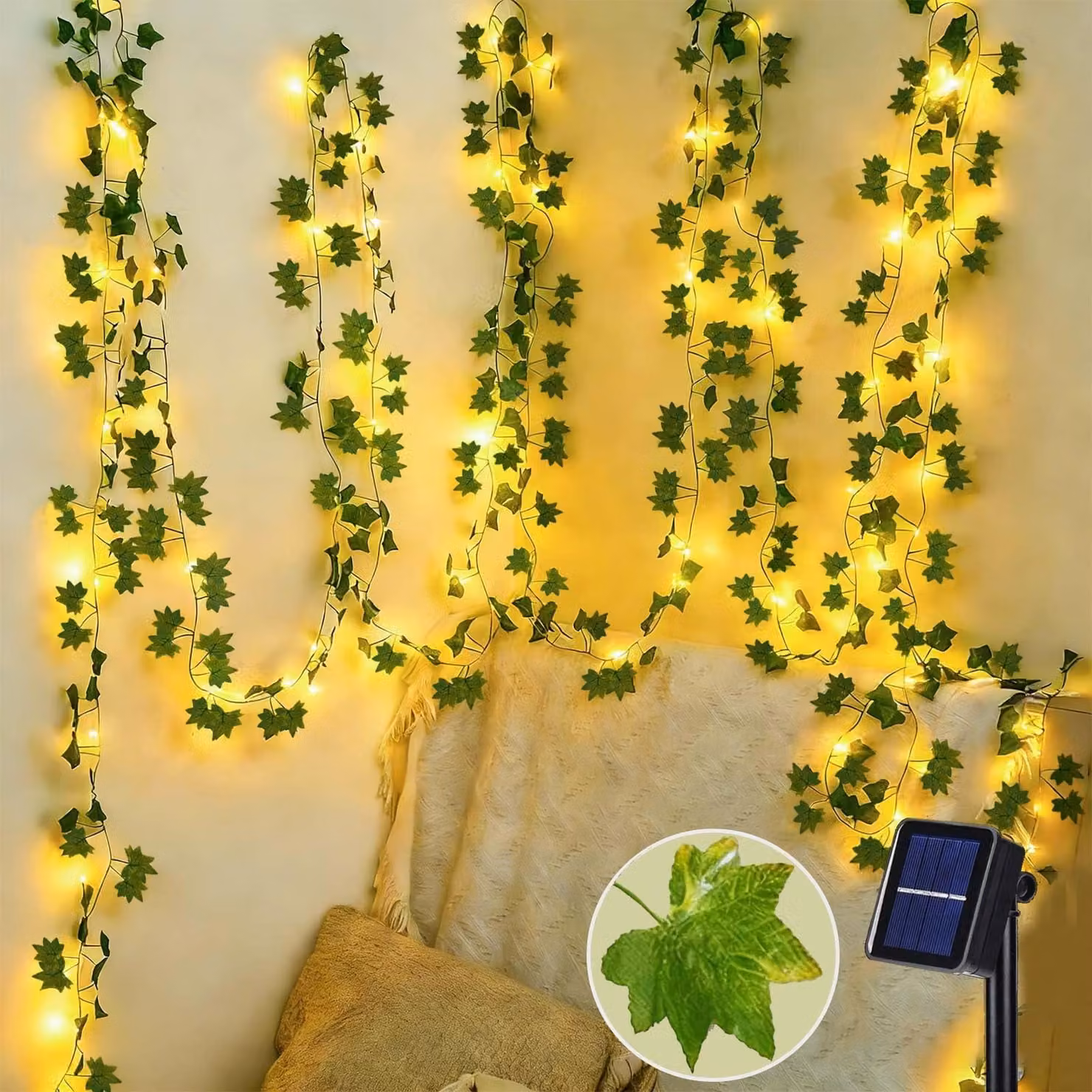 Catena luminosa solare con decorazioni a forma di edera, lunghezza 10 metri, 100 LED bianco caldo, grado di protezione IP65, 8 modalità