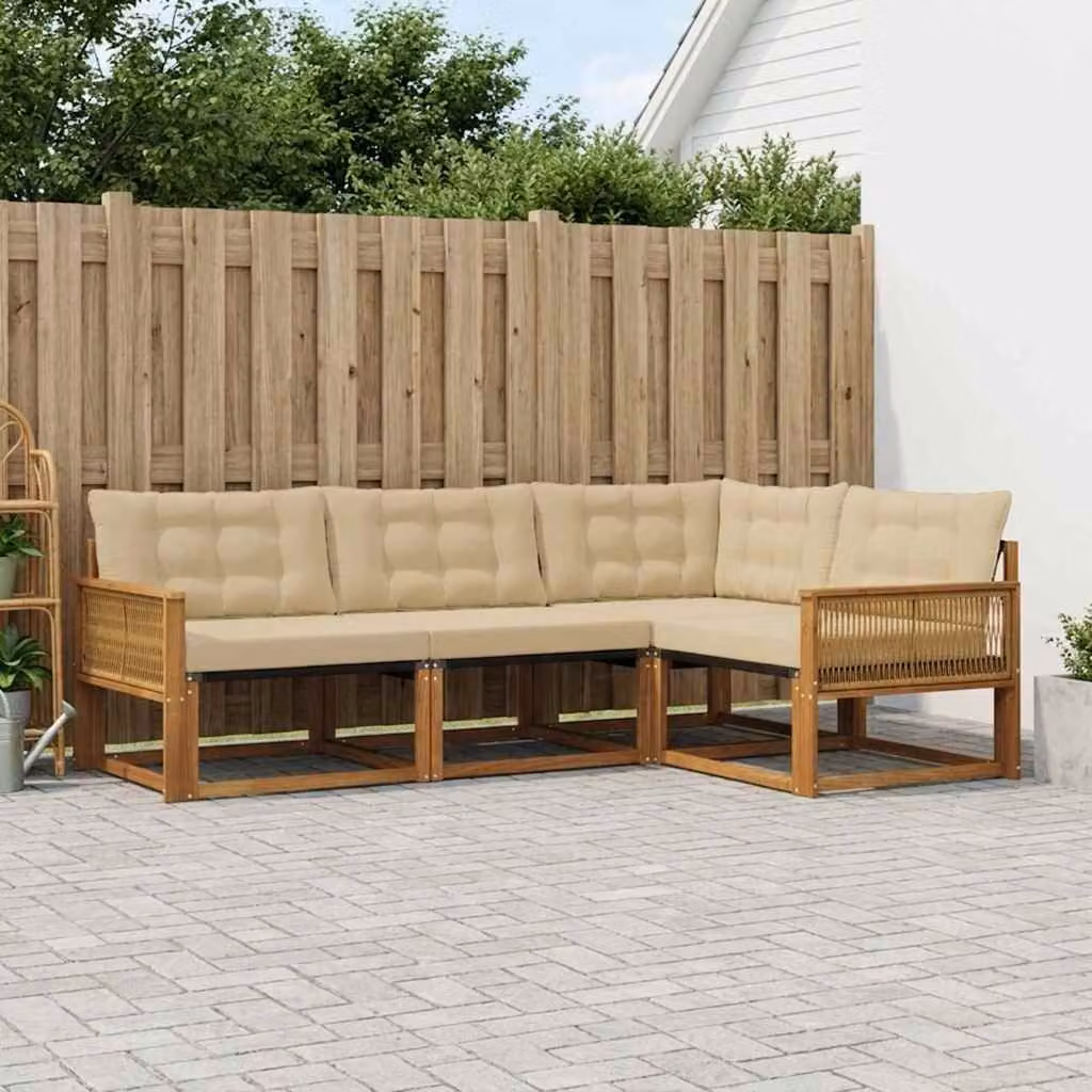 Set di divani da esterno vidaXL 4 pezzi a forma di L in legno di acacia con cuscini beige e marrone