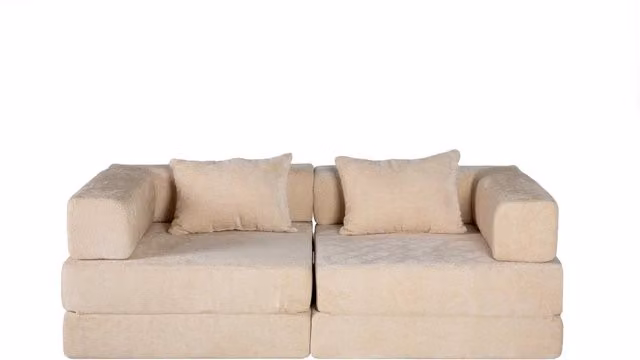 Divano Letto da Terra Trasformabile in Ciniglia Beige Divano Modulare per Soggiorno e Camera Design Moderno Senza Montaggio