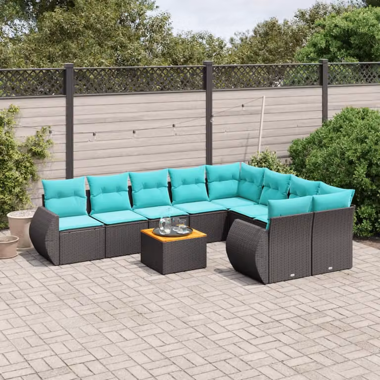 Set di divani da giardino vidaXL in polyrattan nero con cuscini e tavolino da esterno a forma di U