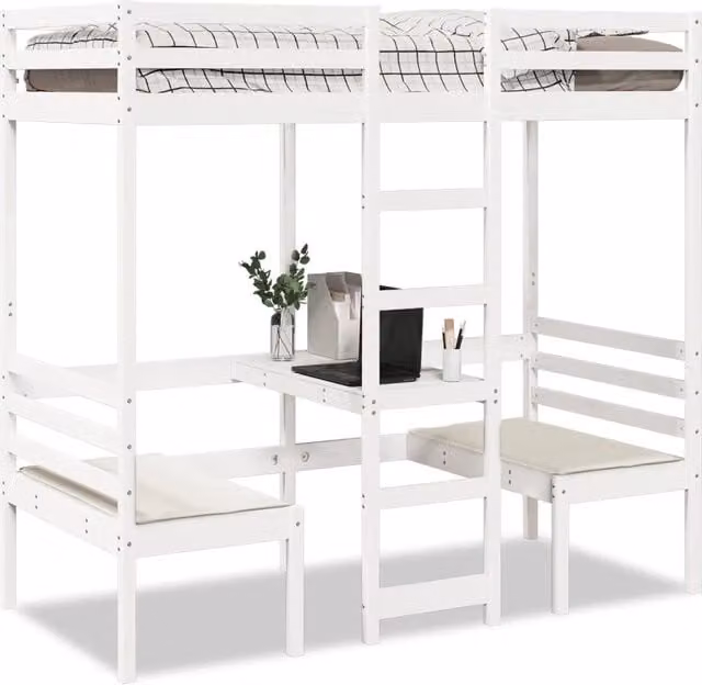 Giroletto Soppalco con Scrivania e Sedie-Struttura Letto Bianco 80x200cm Pino
