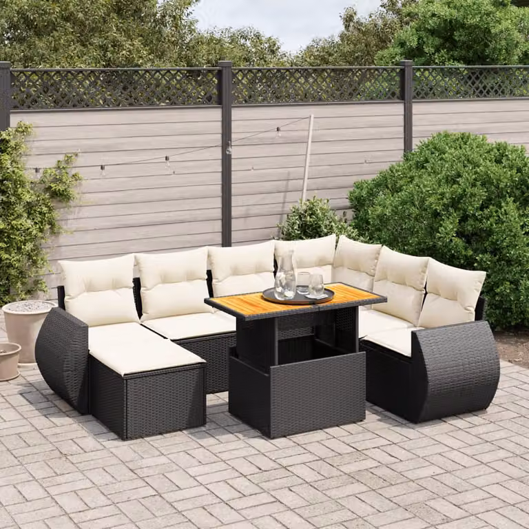 vidaXL Set Divani da Giardino a Forma di U in Polyrattan Nero con 8 Cuscini e Tavolino da Caffè