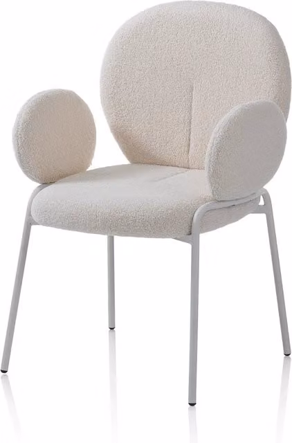 Sedia KURA AQA DESIGN in tessuto boucle bianco con braccioli e struttura in metallo opaco