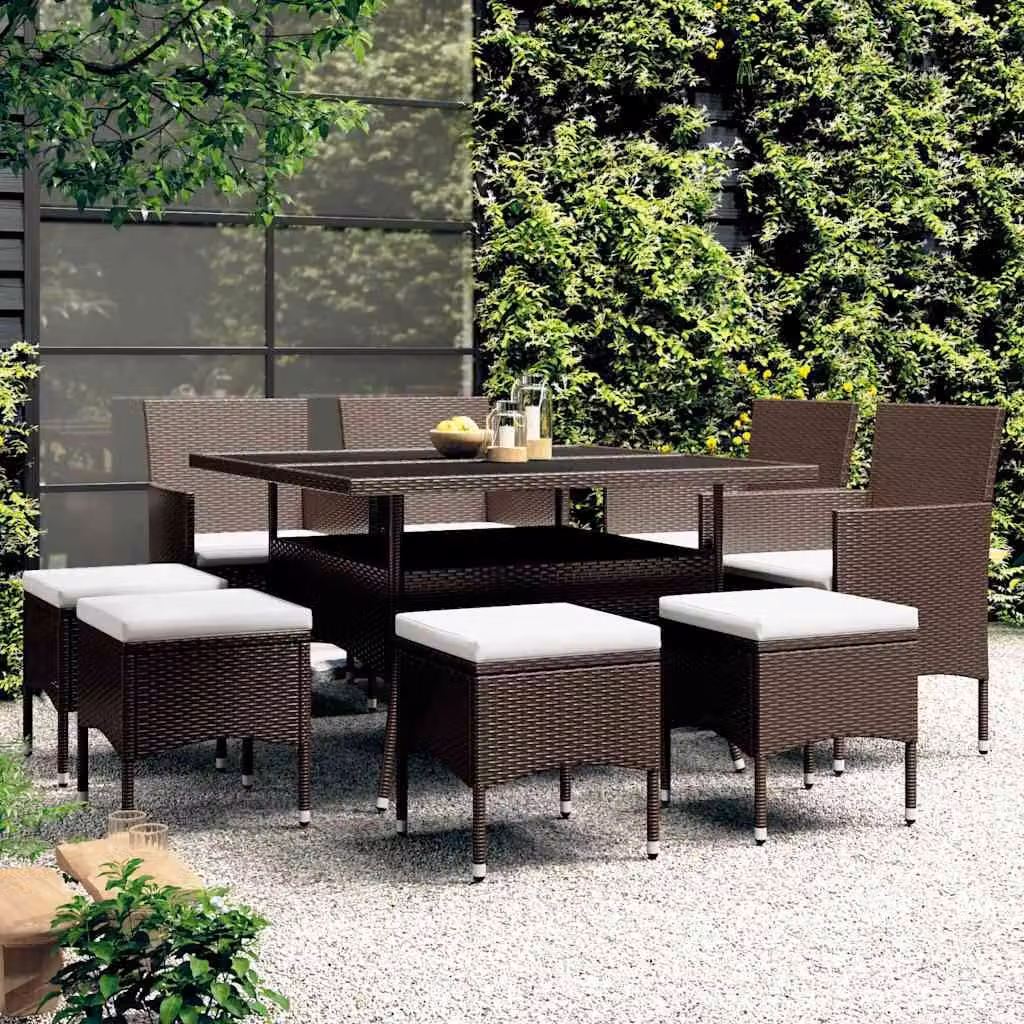 Set da pranzo da giardino vidaXL in polyrattan marrone e bianco con tavolo in vetro, 9 pezzi – 1
