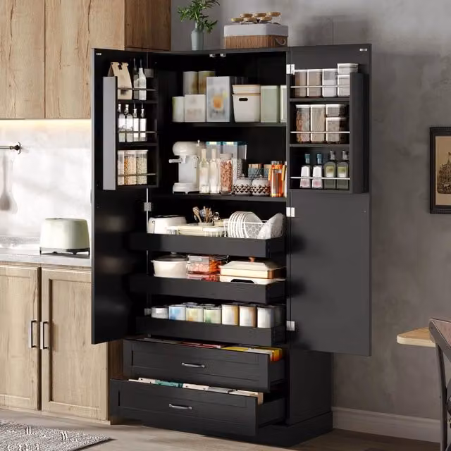 Armadio alto da cucina con 2 ante, ripiani porta e 3 piani estraibili + cassetti, per cucina, sala da pranzo e soggiorno