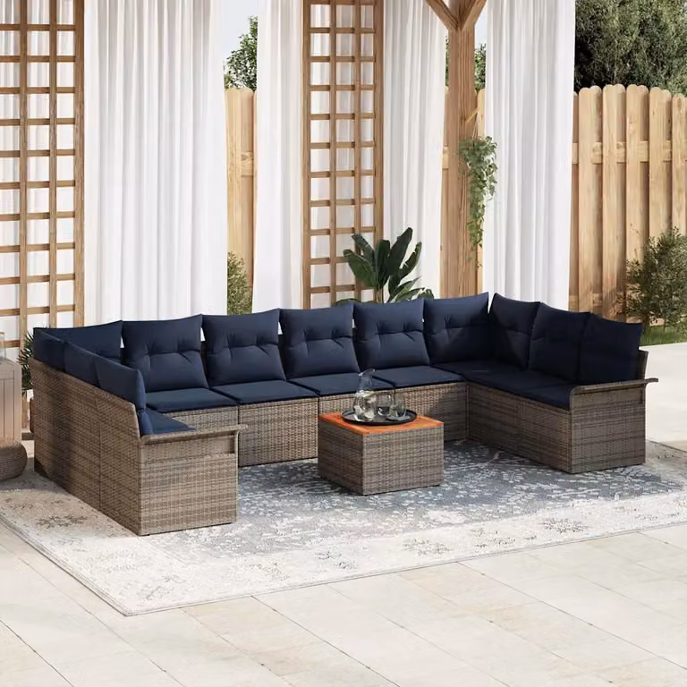 Set Divano da Giardino vidaXL 11 Pezzi a Forma di U con Tavolino e Cuscini, Struttura in Acciaio Verniciato a Polvere e Tessuto Resistente alle Intemperie, Colore Grigio e Blu