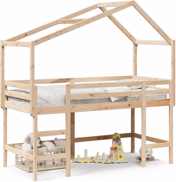 Letto singolo | Letto per adulti | Letto Soppalco con Scala e Tetto 80x200 cm Legno Massello Pino