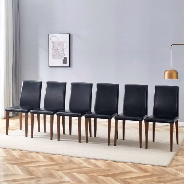 Set da 6 sedie da pranzo minimaliste con seduta in ecopelle nera e gambe in metallo effetto noce