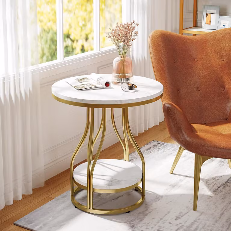 Tavolino rotondo con due ripiani, finitura bianco oro, struttura in metallo, dimensioni 50x50x60 cm