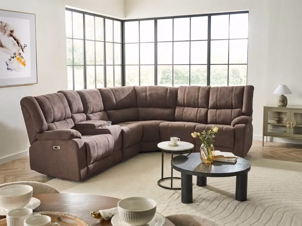 Divano angolare Beliani a 5 posti in tessuto marrone con schienale reclinabile elettrico, porta USB e portabicchieri, stile moderno, L/P/H: 233 x 154 x 94 cm – 2