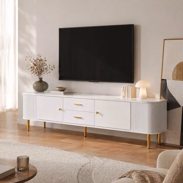 Mobile TV con 2 cassetti e 2 ante in MDF bianco con dettagli dorati e bordi arrotondati 170 × 34 × 45 cm