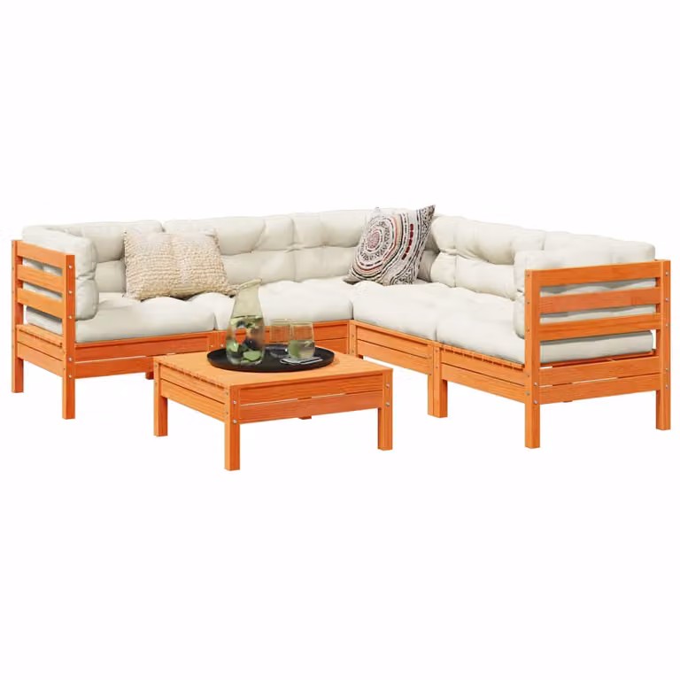 Set di Divani da Giardino vidaXL in Legno di Pino Massello con Cuscini, 6 Pezzi, Marrone e Beige