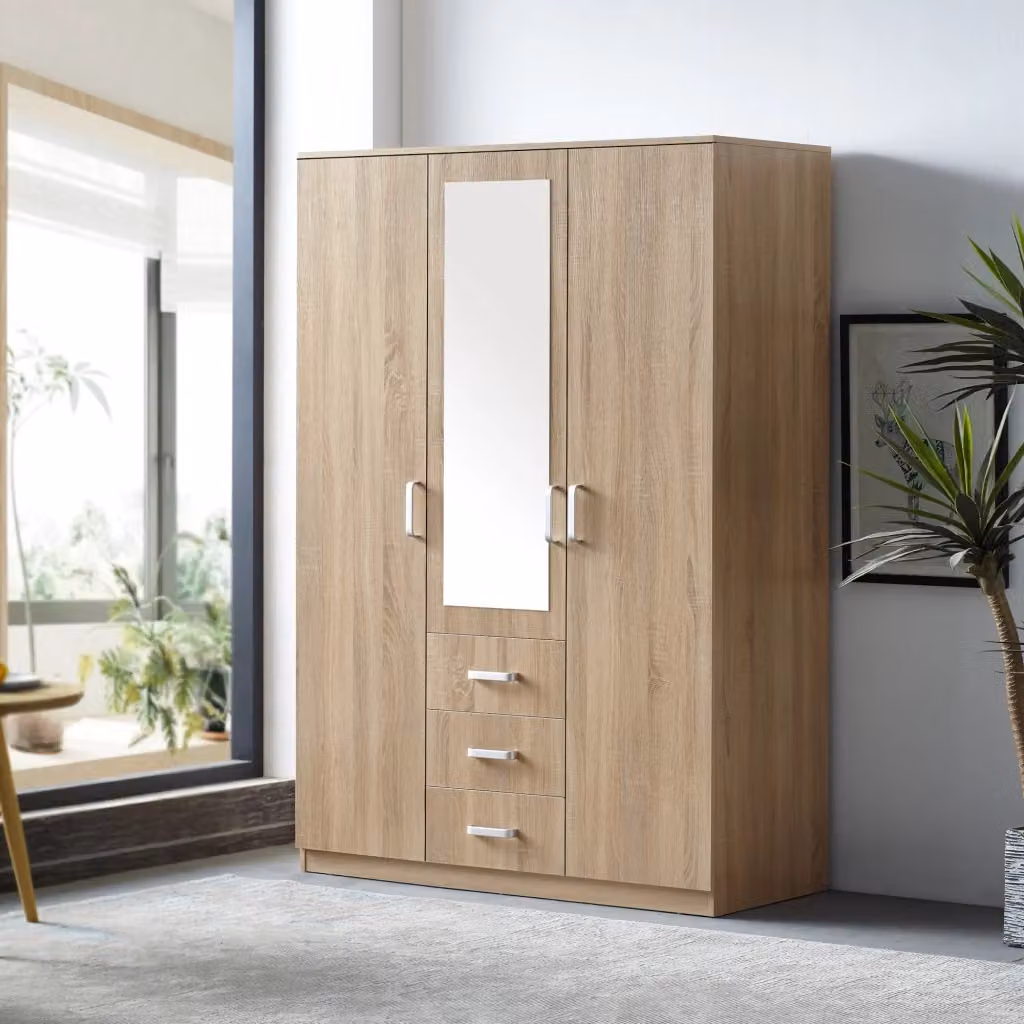 Armadio Guardaroba Bodolz en.casa con Cassettiera e Specchio, Effetto Rovere Sonoma, Marrone, H 176 cm x L 120 cm x P 52 cm – 2